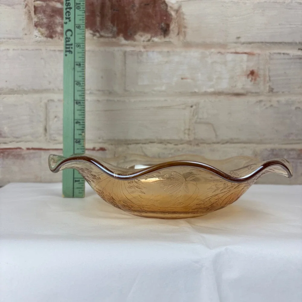 Vintage Amber Carnival Glass‎ Bowl — Raised Floral Pressed Pattern Scrolled Edge